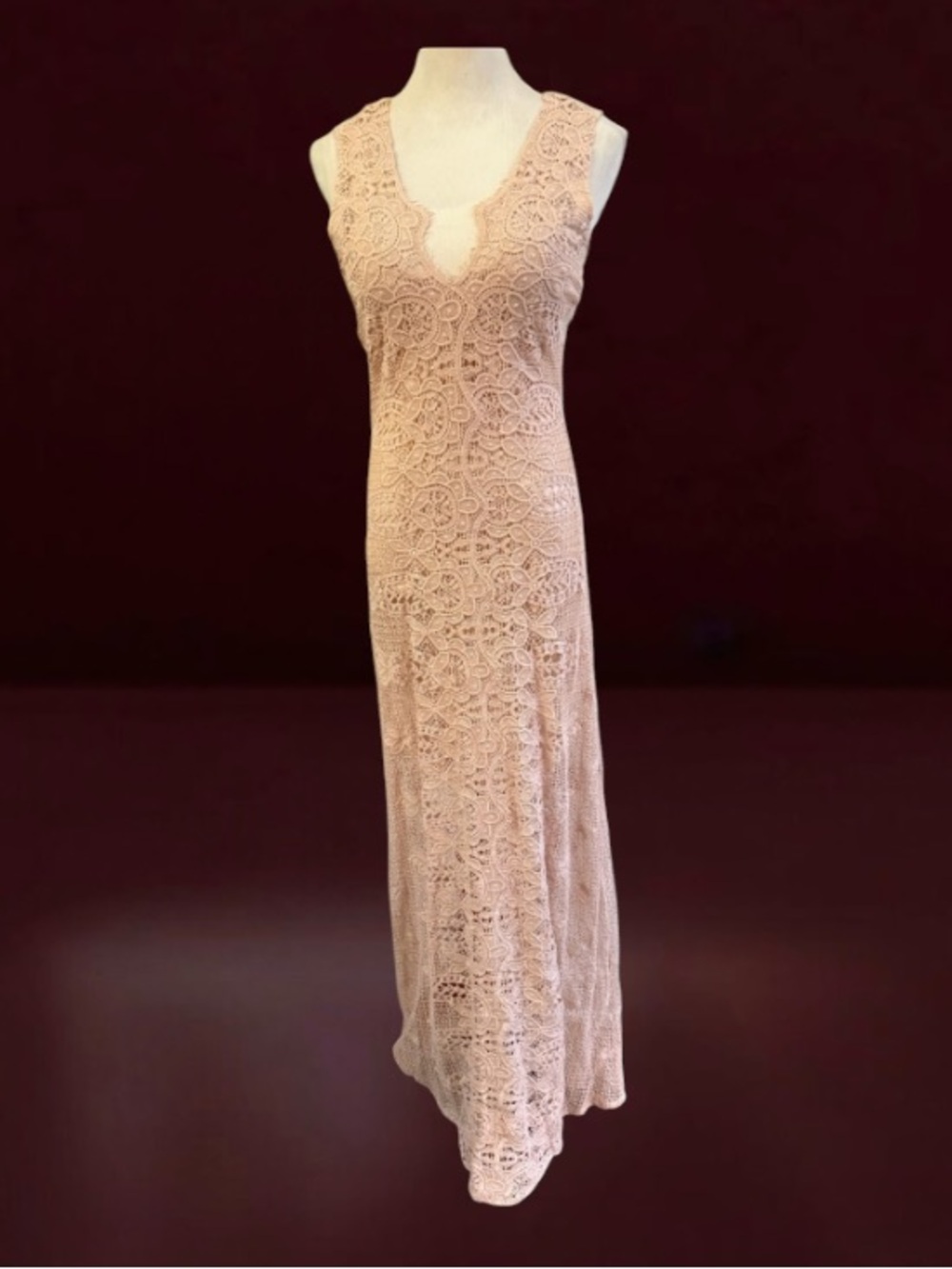 MIGUELINA Lace EVE Nude Lined Cotton Crochet Maxi Dress Size Large.